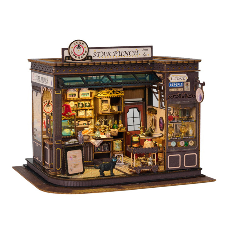 Magic Cafe Book Nook – DIY 3D Wooden Miniature Bookshelf Insert with LED Lights, Creative Puzzle Kit