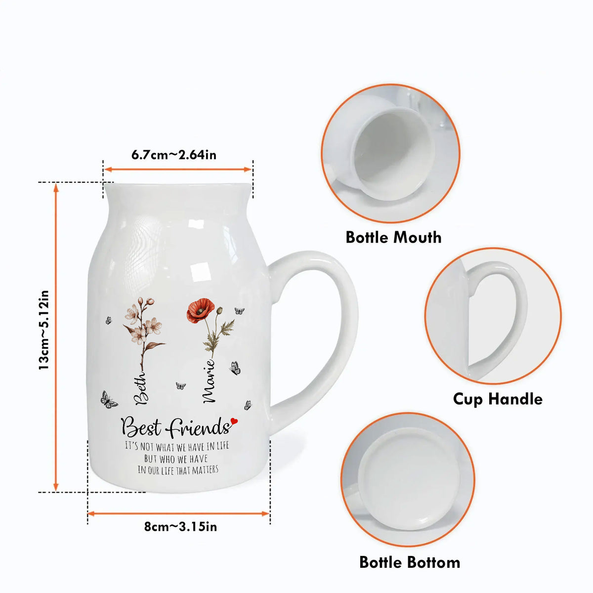 White ceramic flower vase with size dimensions, handle, and close-ups of the mouth, handle, and bottom, printed with birth