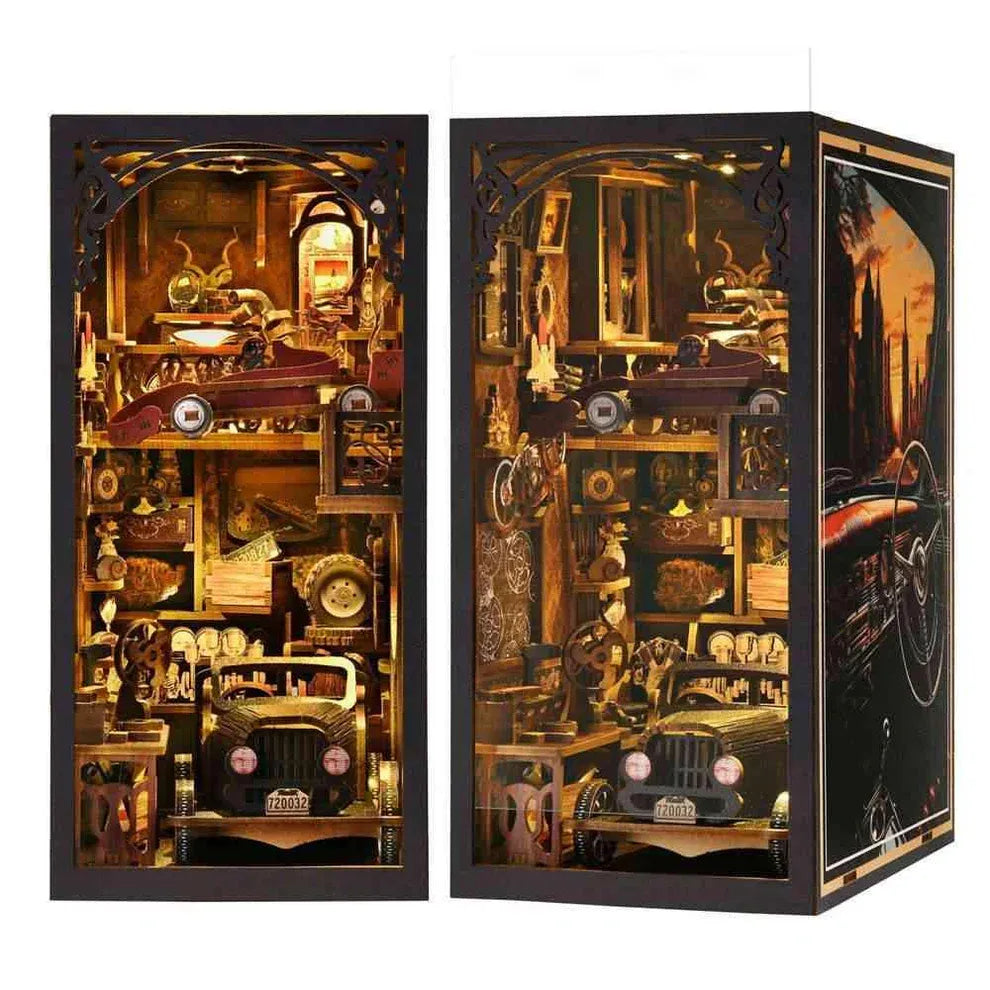 Two side-by-side views of the vintage car book nook kit, showing the illuminated garage interior and retro side panel