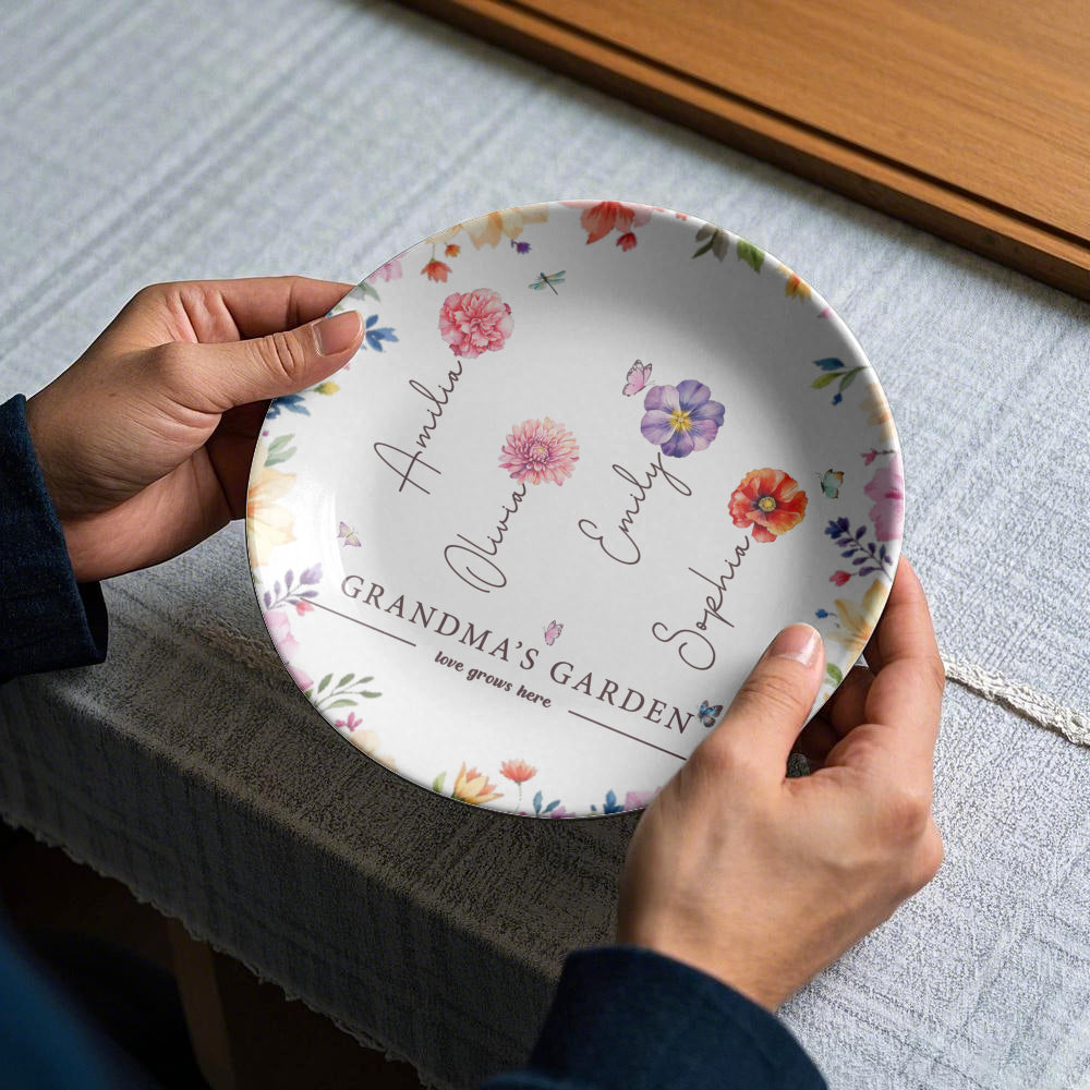 Ceramic Plate: Grandma's Garden, Grandchild's Name, Birth Flower, "Love Grows Here"
