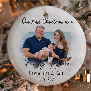 Custom Photo Ornament for Family of Three, Personalized Ceramic First Christmas Keepsake, Add Names and Date, Unique Holiday Gift for Parents and Children