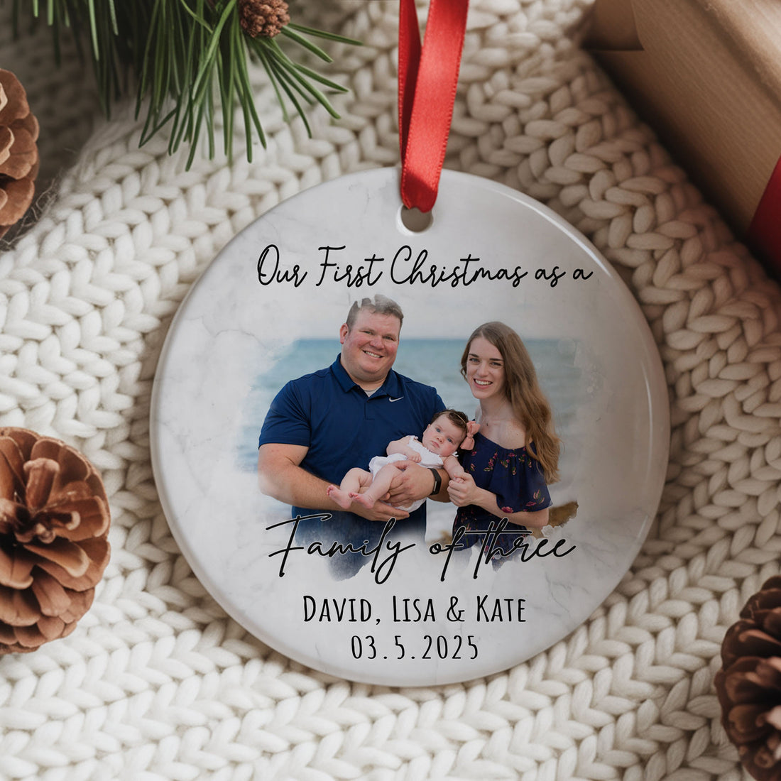 Custom Photo Ornament for Family of Three, Personalized Ceramic First Christmas Keepsake, Add Names and Date, Unique Holiday Gift for Parents and Children