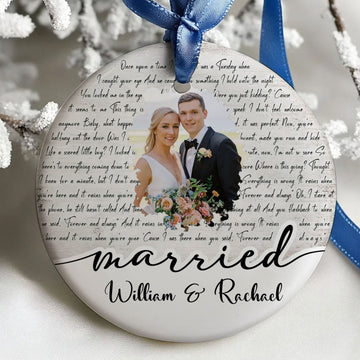 Custom Photo Ornament for Newlyweds, Personalized Married Couple Ceramic Keepsake, Add Wedding Photo and Names, Unique Romantic Gift for Bride and Groom