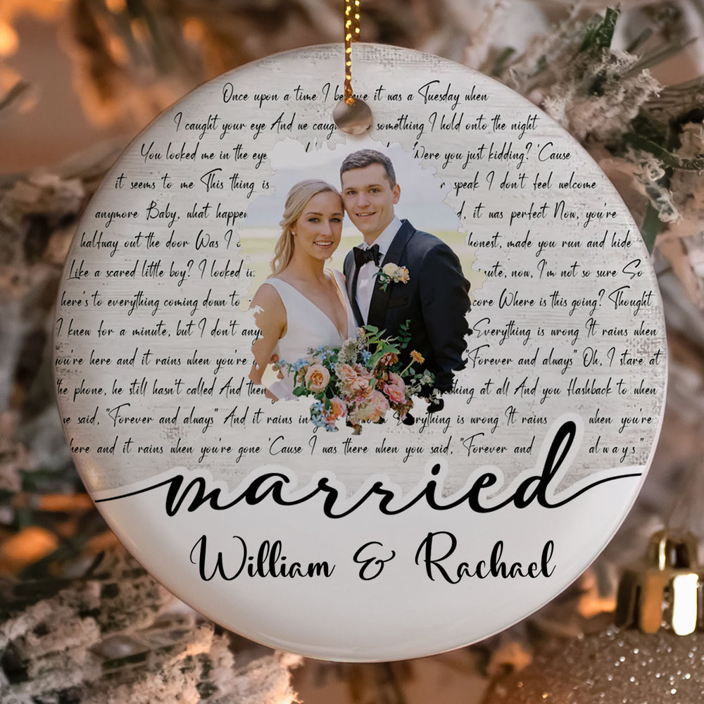 Personalized wedding photo ornament featuring a couple in their wedding attire against script lyrics and 'married' text.