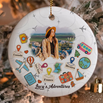 Custom Photo Ornament for Travel Lovers, Personalized Ceramic Adventure Keepsake for World Travelers, Add Your Own Journey Photo and Country List, Unique Gift