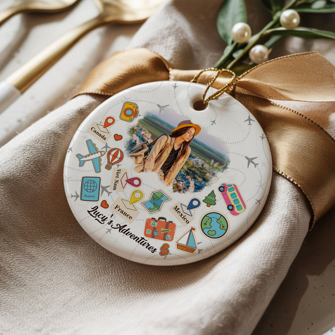 Custom Photo Ornament for Travel Lovers, Personalized Ceramic Adventure Keepsake for World Travelers, Add Your Own Journey Photo and Country List, Unique Gift