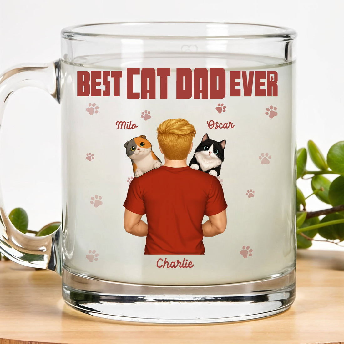 Personalized Glass Mug for Cat Lovers: 'Best Cat Dad Ever' Design. Add His & Cats' Names for a Special, Clear Gift