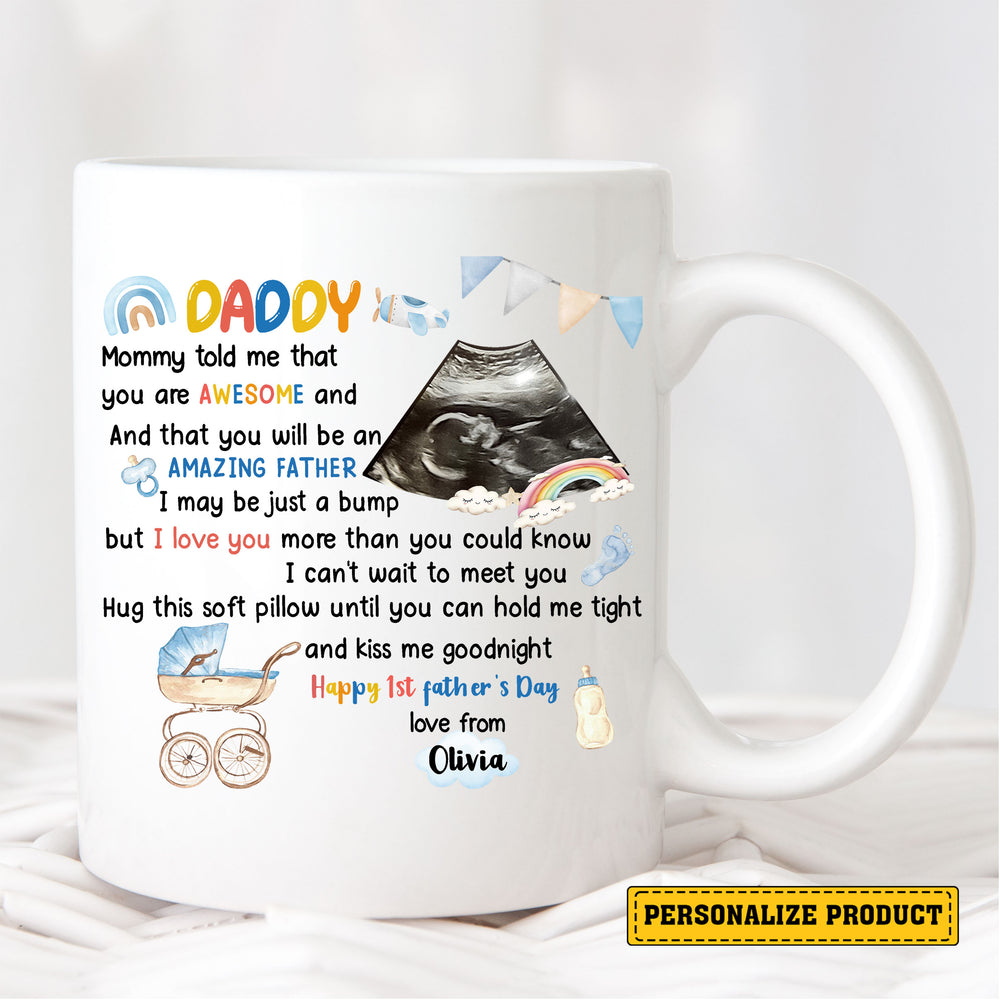 Custom Father’s Day Mug from Baby Bump to Daddy – Personalized Ceramic Gift with Sonogram, Name & Poem – Unique First Time Dad Life Keepsake