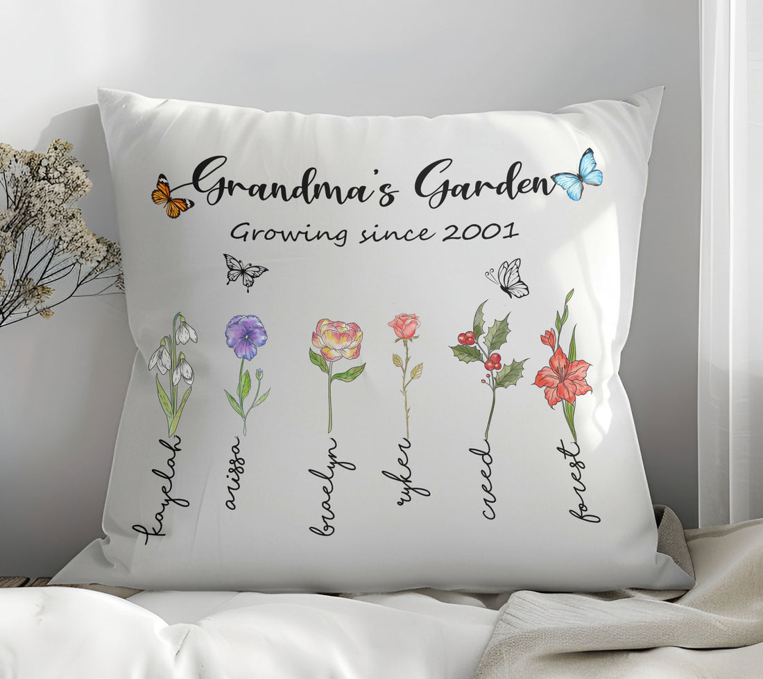 Grandma's Garden Pillow Personalized With Grandchild's Name And Birth Flower