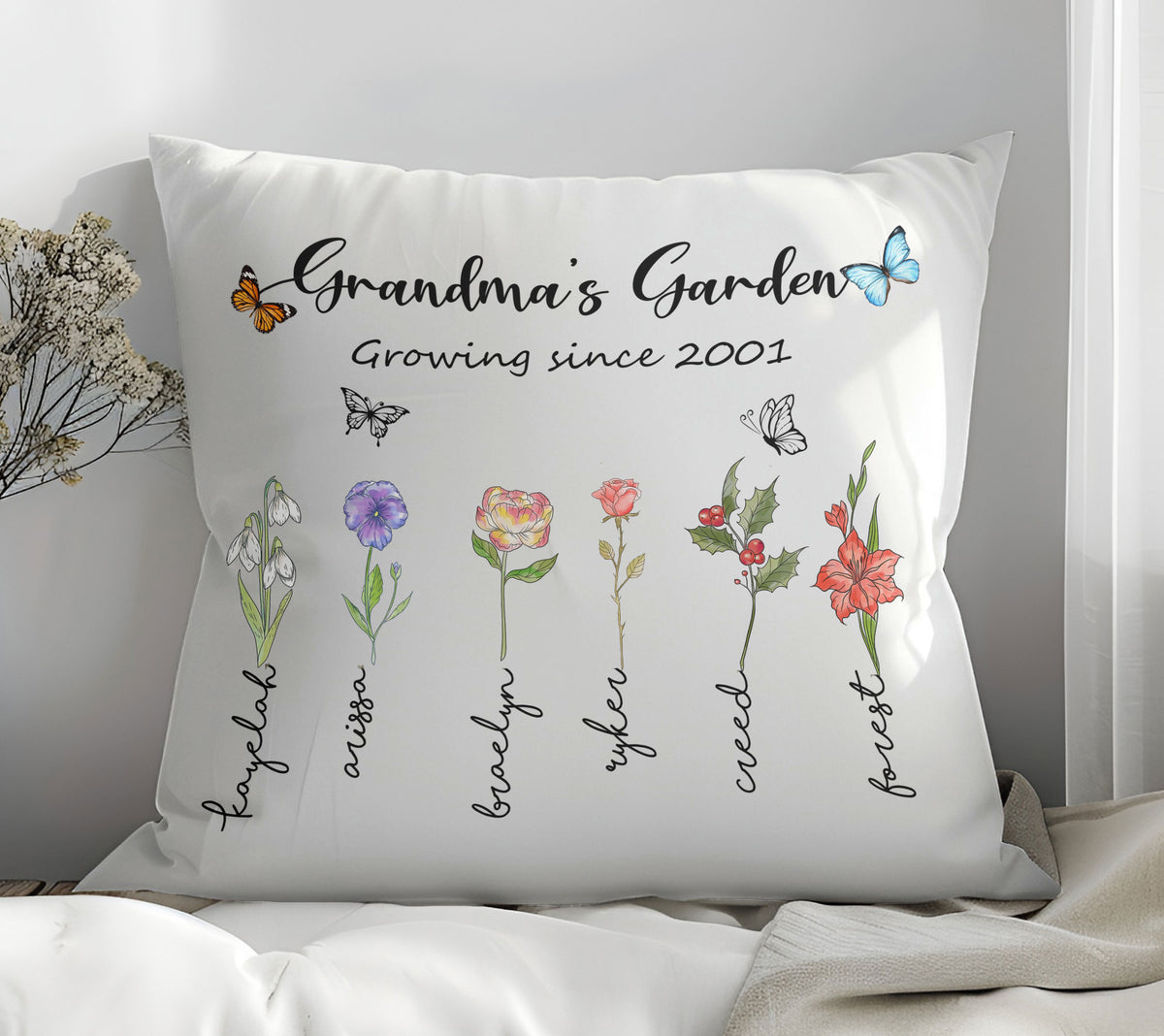 Custom Grandma's Garden Pillow With Grandchild's Birth Year
