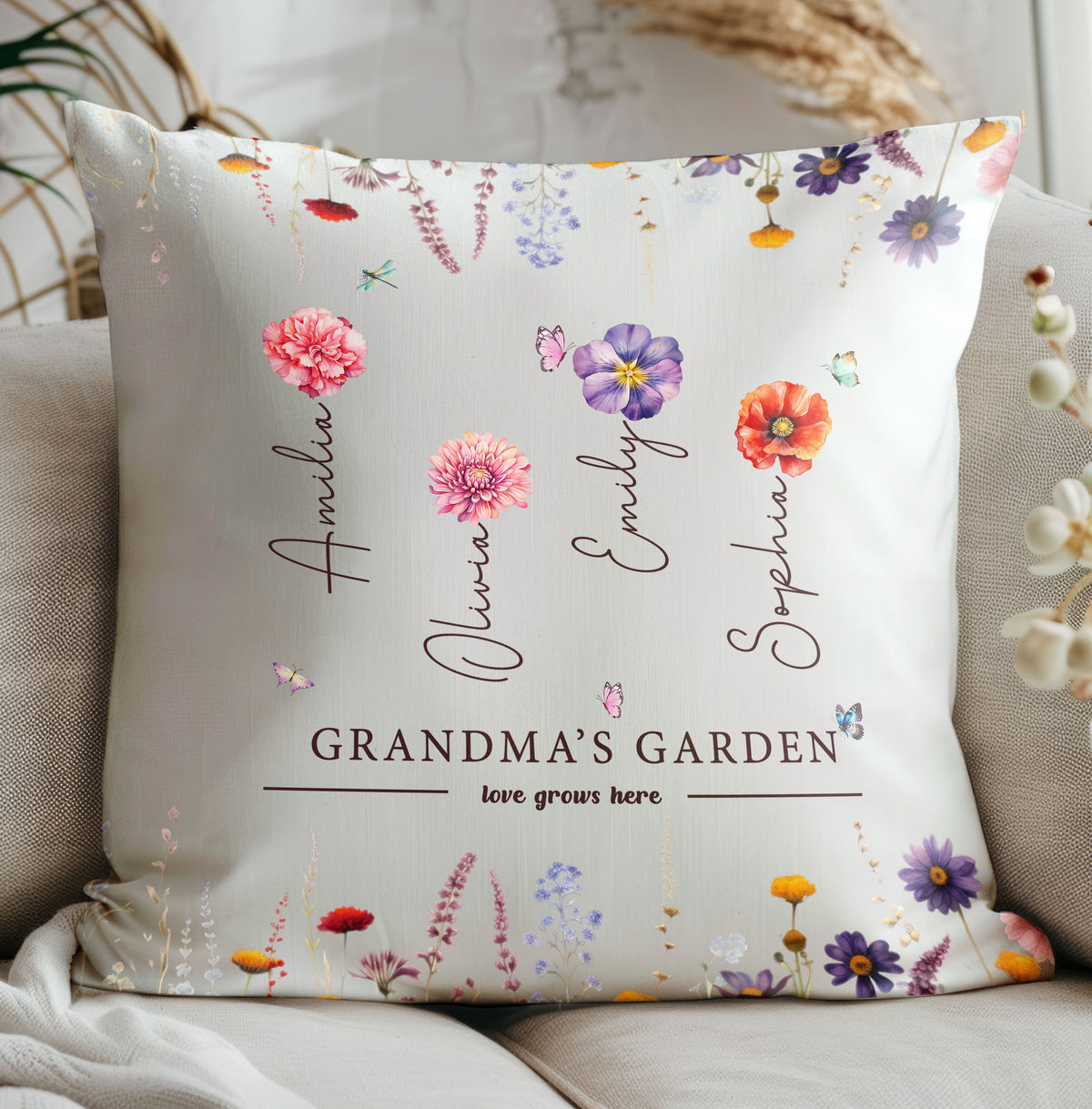 Custom Grandma's Garden Pillow as a Birthday Gift with Grandchild's Name and Birth Flower