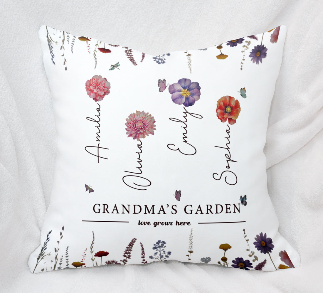 Grandma's Garden Love Grows Here Birth Flower with Custom Grandchild's Name Pillow