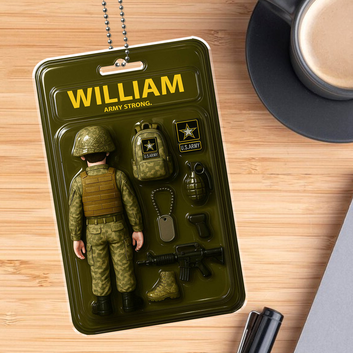 Custom Name Army Strong Car Ornament - Military Action Figure Design