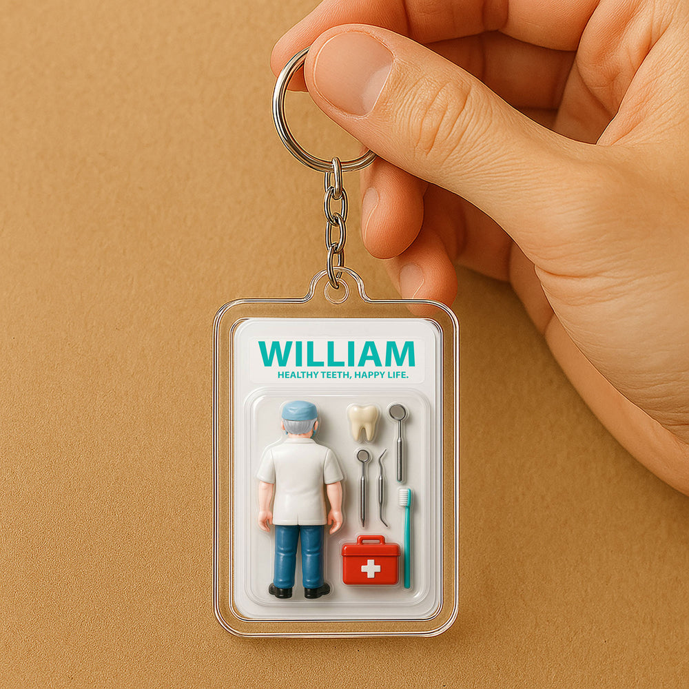 Custom Name Dentist Dad Father's Day Gift - 3D "Happy Life" Action Figure Keychain