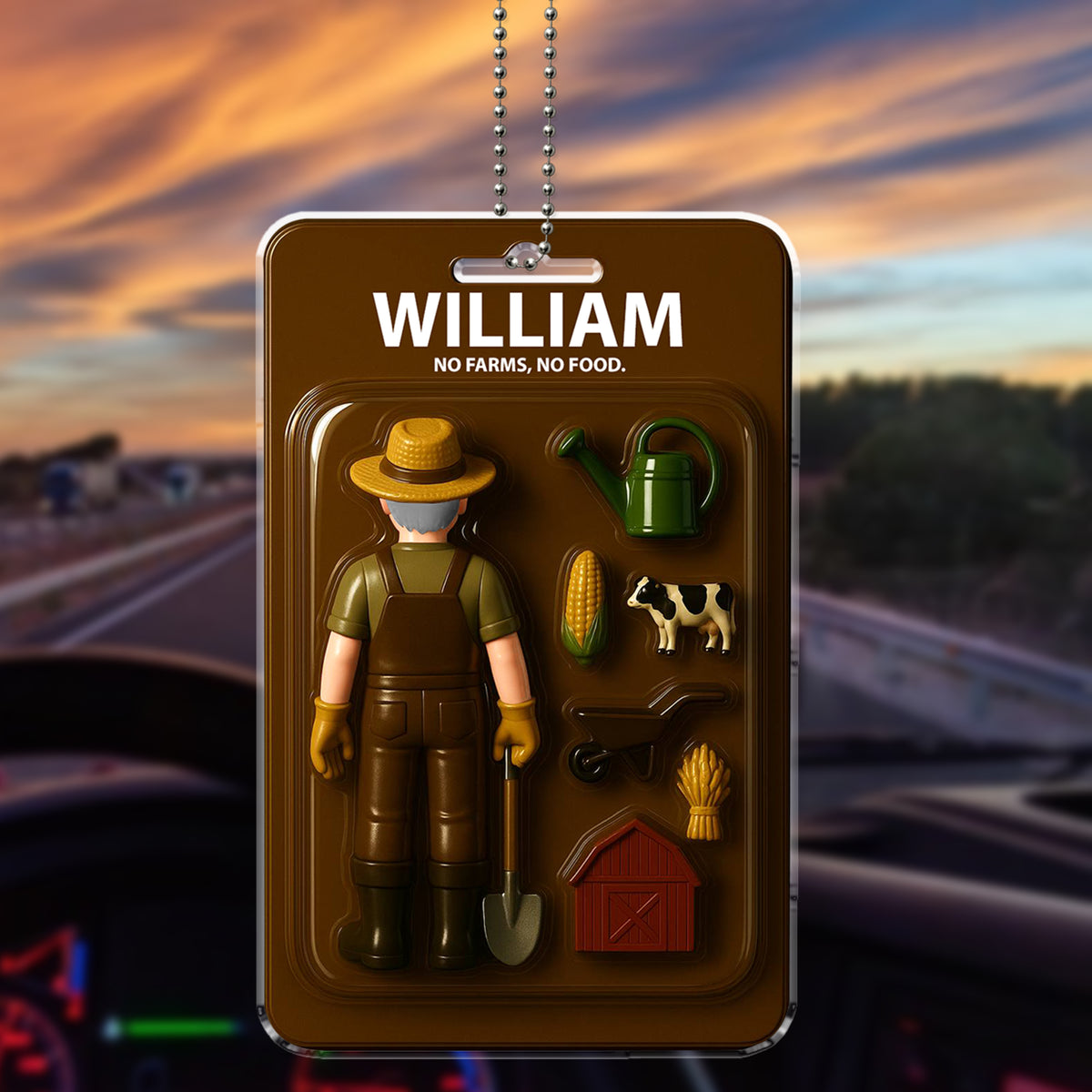 Custom Name Farmer Car Ornament - "No Farms, No Food" Agriculture Design