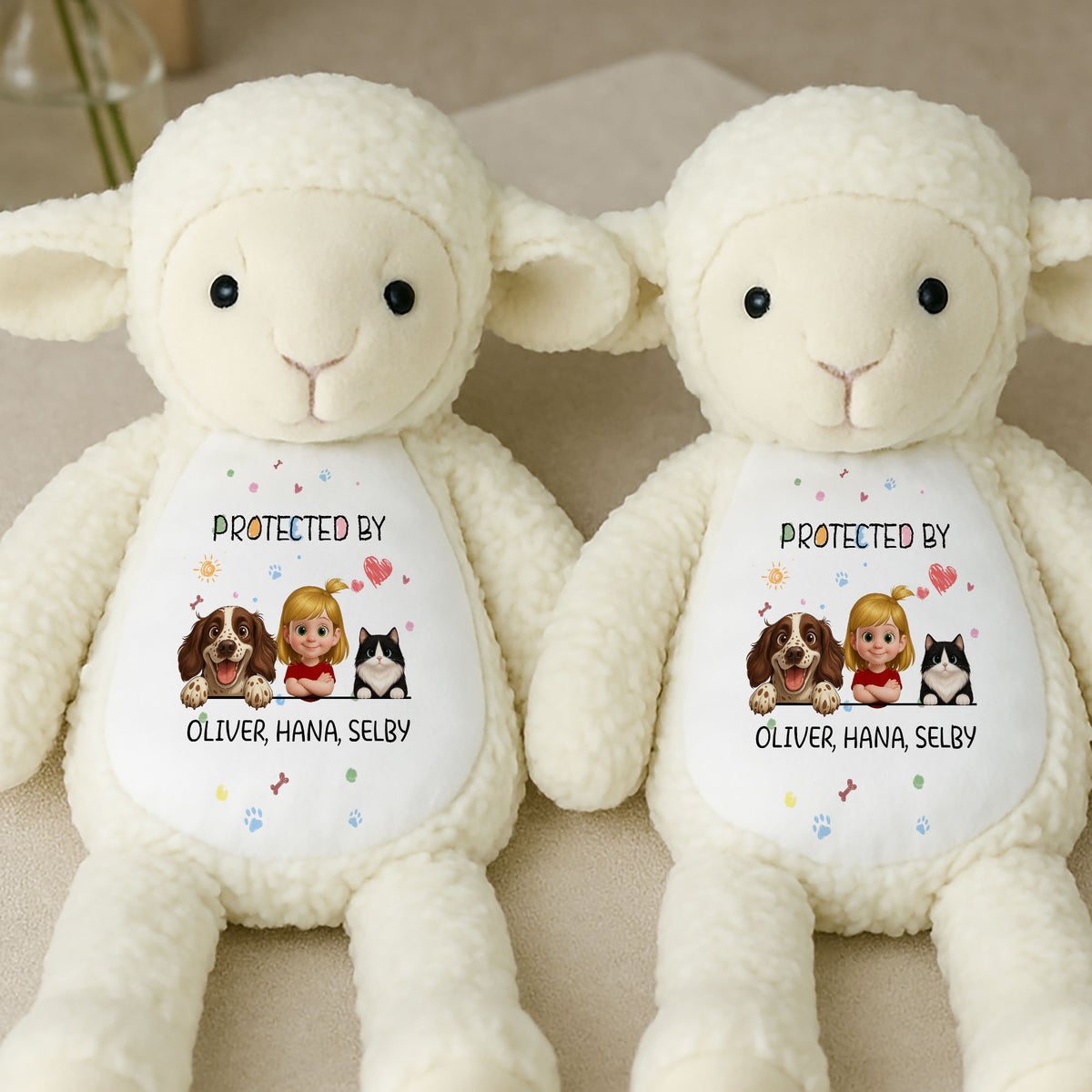 Custom Name Plush Lamb | Personalized "Protected By" Sibling or Pet Keepsake Gift
