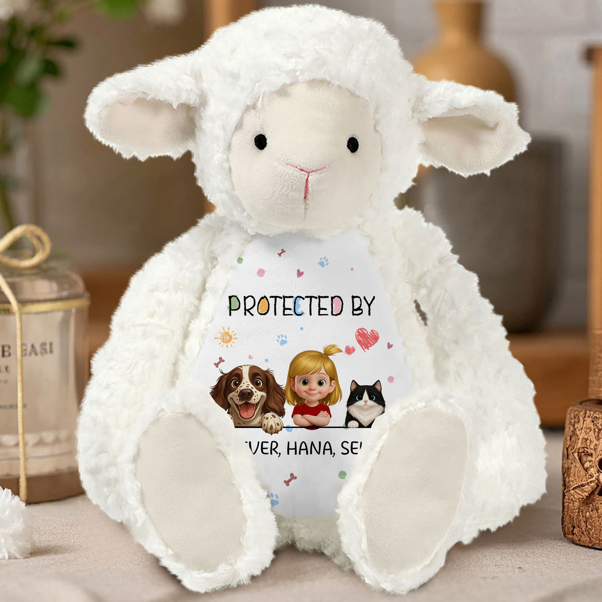 Custom Newborn Gift | Personalized "Protected By" Lamb Stuffed Animal with Name
