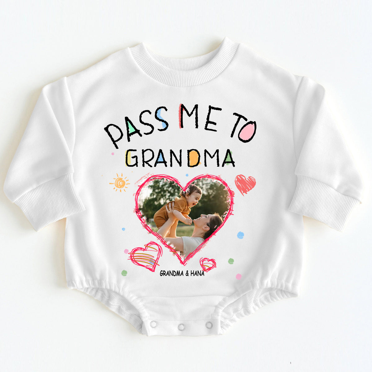 Custom "Pass Me To Grandma" Baby Bodysuit with Photo & Names
