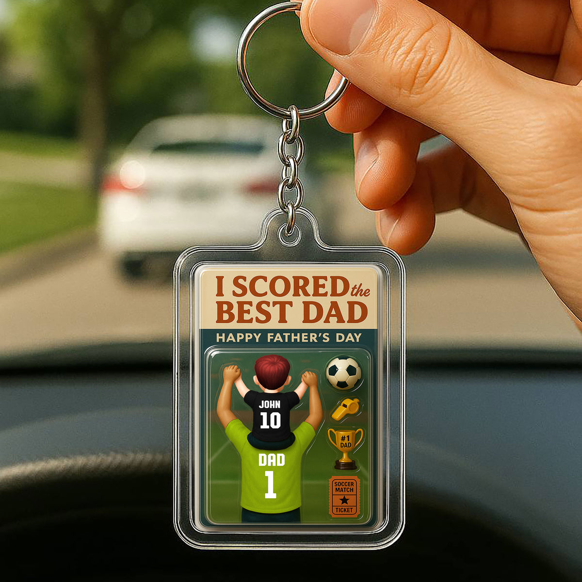 Custom Soccer Dad Keychain – Personalized 3D Acrylic Father’s Day Gift from Son – “I Scored the Best Dad” Sports Design


