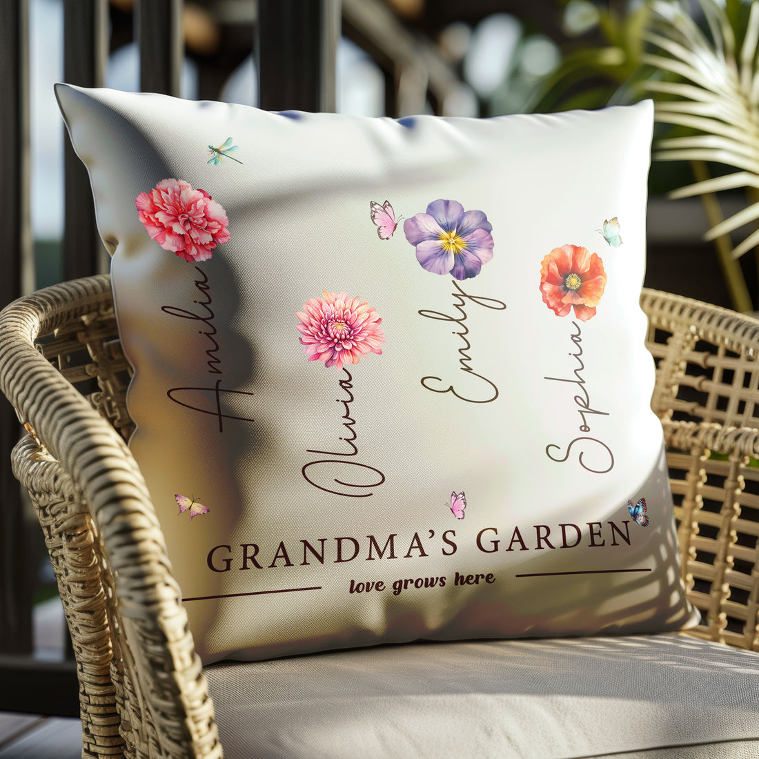 Grandma's Garden personalized pillow with grandchild's name and birth flower
