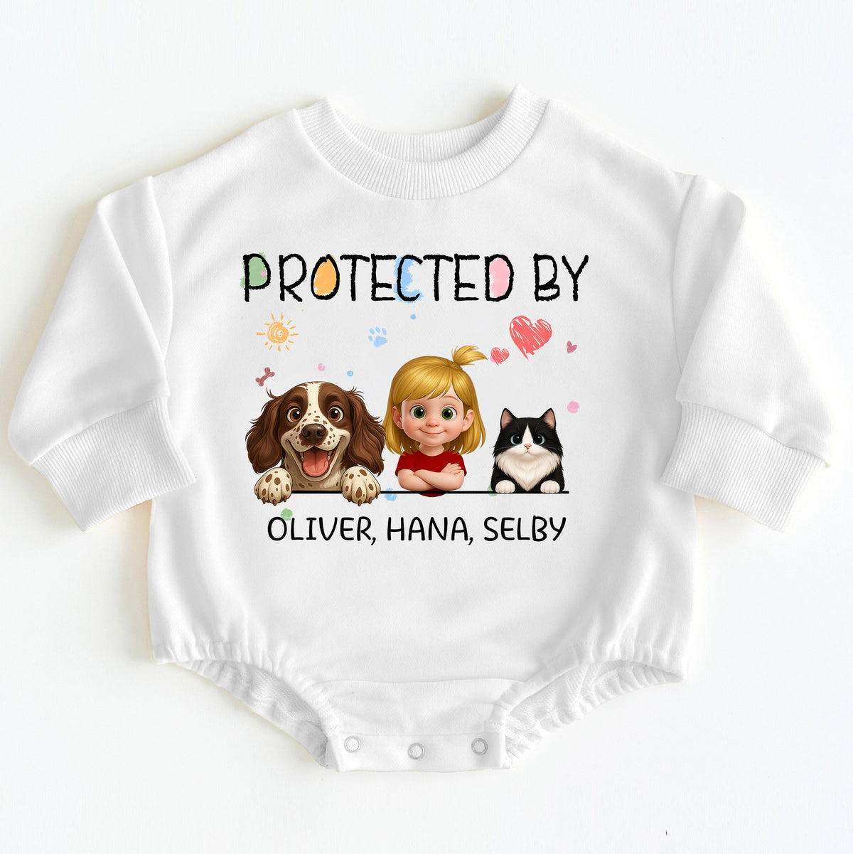 Cute Custom "Protected By" Baby Gift - Personalized Onesie with Pets & Sibling
