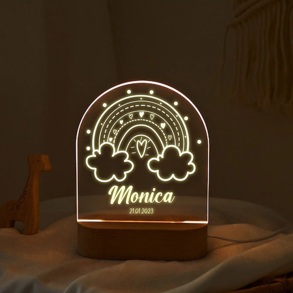 Custom printed rainbow LED night light featuring an arch acrylic panel with clouds and hearts, personalized with name on a