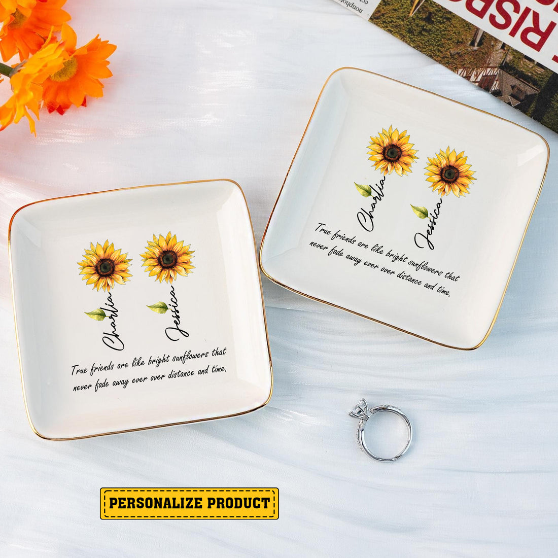 Personalized Gift True Friends Are Like Bright Sunflower Ring Dish-Gift For Best Friend-Bestie Gift-Custom Jewelry Tray-Ring Holder - LuthCreative