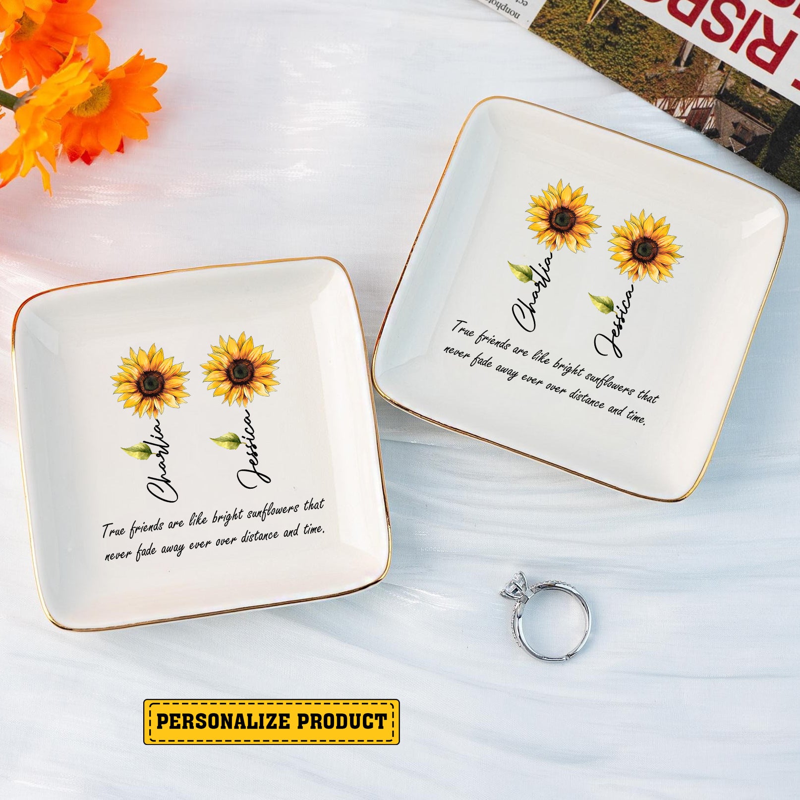 Personalized Gift True Friends Are Like Bright Sunflower Ring Dish-Gift For Best Friend-Bestie Gift-Custom Jewelry Tray-Ring Holder - LuthCreative