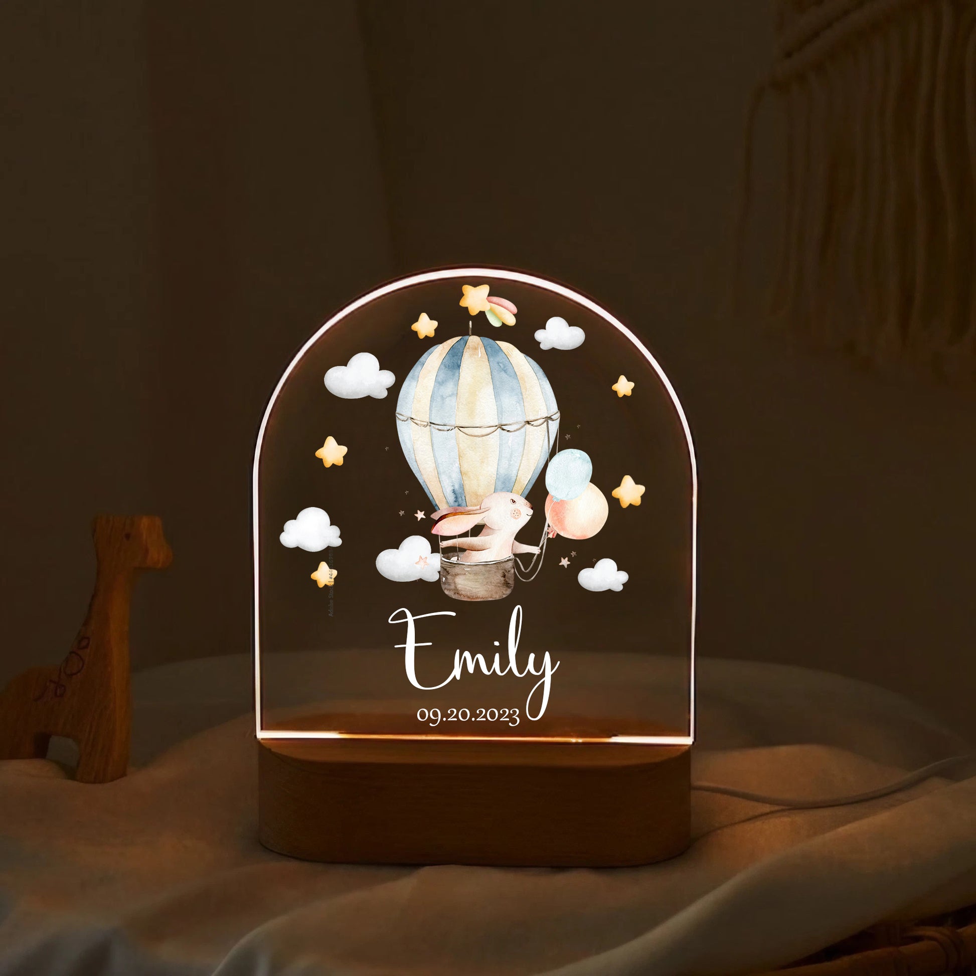 "Custom Name with Rabbit's Starry Balloon Adventure" LED Night Light | Magical Valentine & Family Gift - LuthCreative