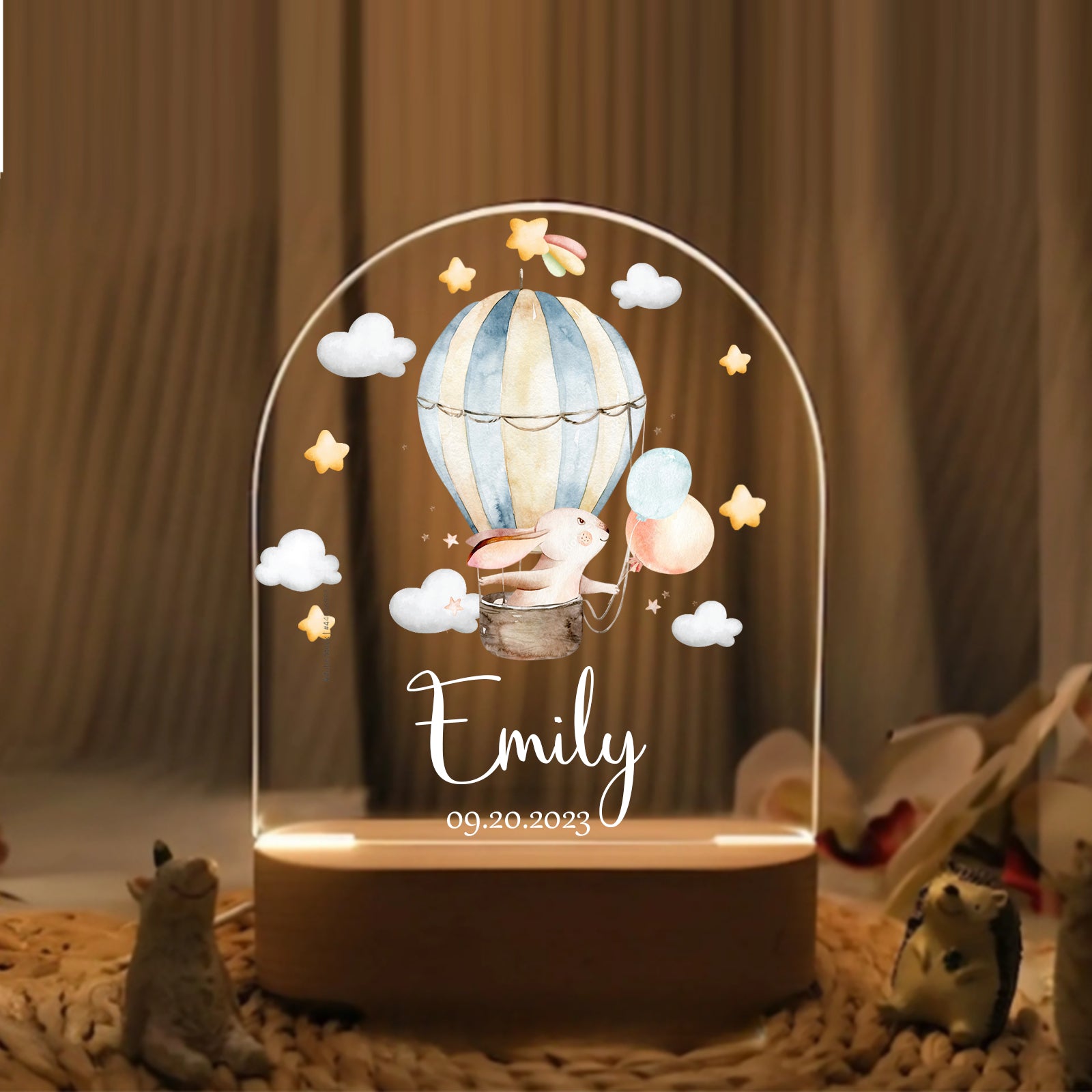 "Custom Name with Rabbit's Starry Balloon Adventure" LED Night Light | Magical Valentine & Family Gift - LuthCreative