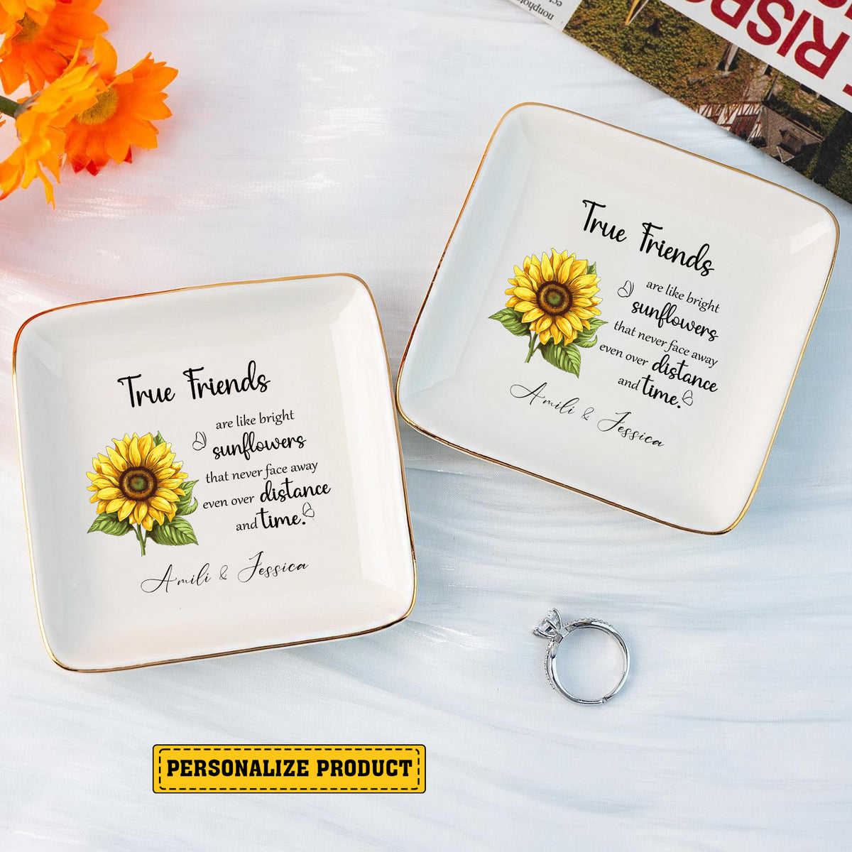 Two personalized ceramic jewelry trays featuring sunflower graphics and friendship quotes on white surface.