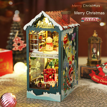 Christmas Magic DIY Book Nook – Miniature Wooden Bookstore Scene with LED Lights, Festive Decor, and Cozy Winter Vibes