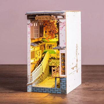 DIY Book Nook Kit: Illuminated Japanese Alley with Cherry Blossoms and Train