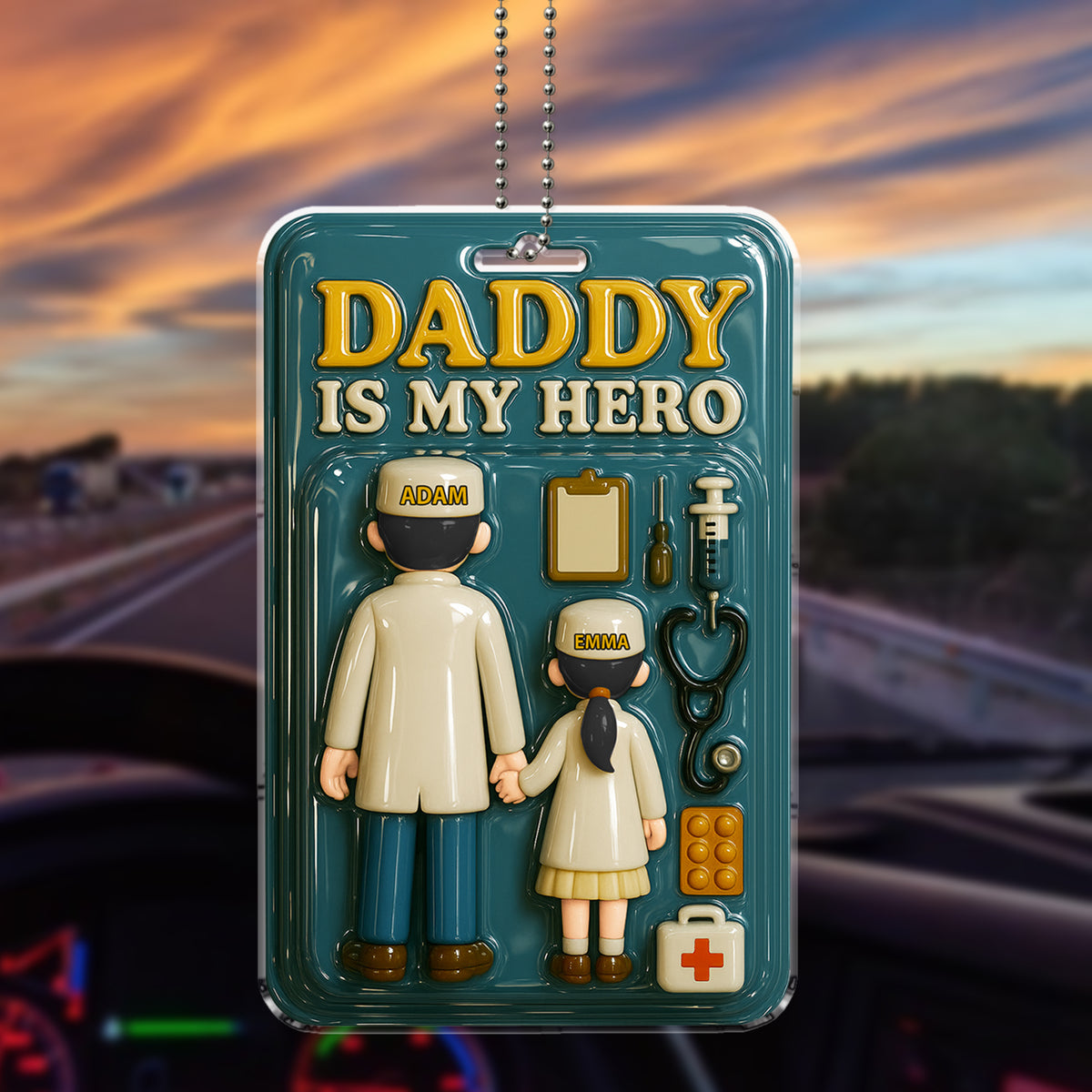 Doctor Dad Car Ornament - Personalized with Names & "Daddy Is My Hero