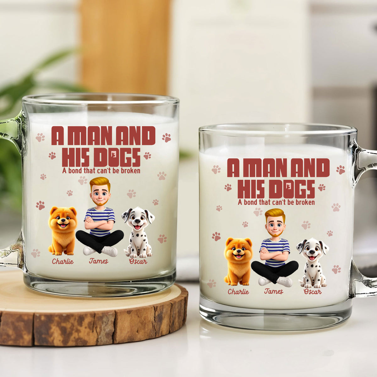 Dog Dad Personalized Glass Mug: Features "A Man and His Dog" Theme. Custom Names for Him & Furry Friends