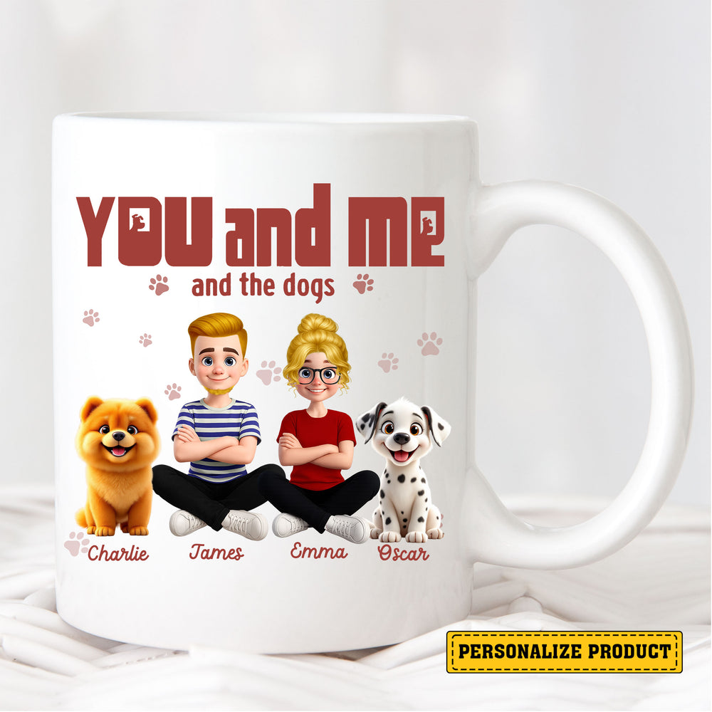 Dog Family Personalized Mug – Cute Gift Idea for Couples with Pets, Featuring Cartoon Characters and Pet Names