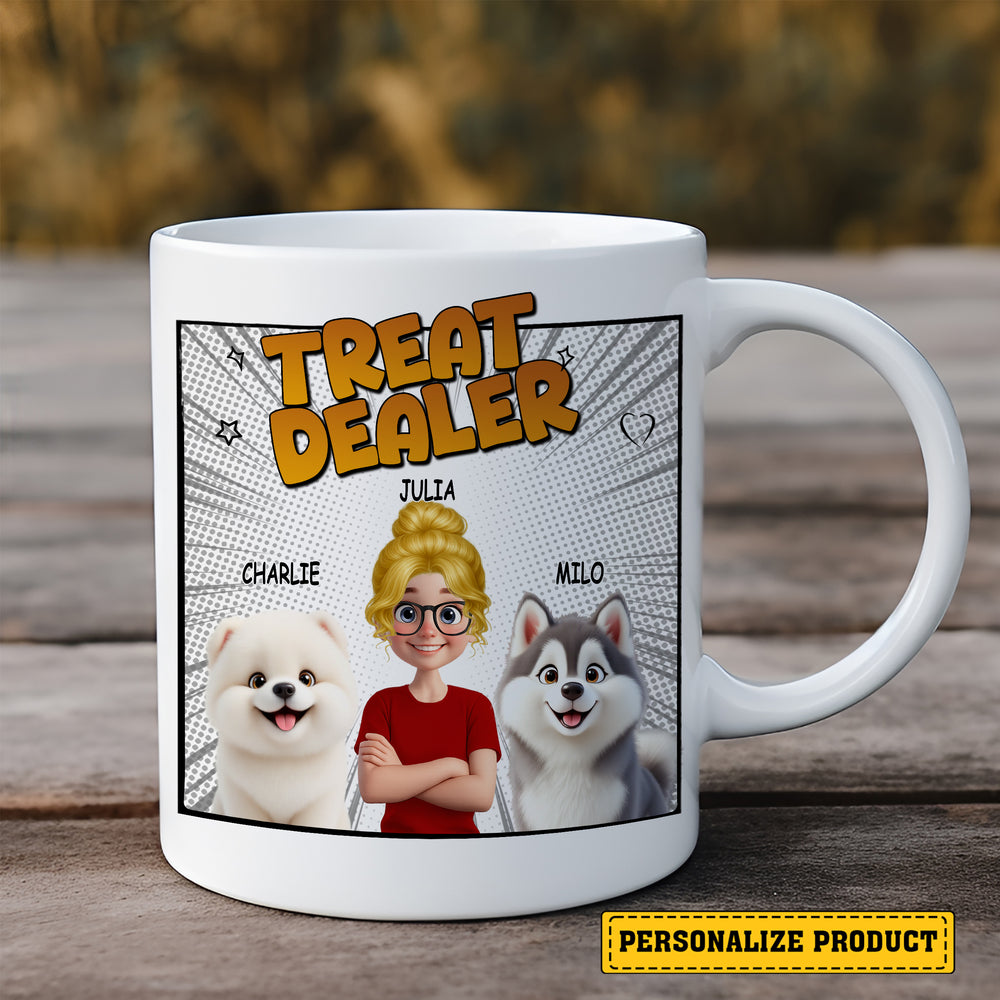 Custom Dog Mom Mug on a rustic wooden table, showcasing comic style graphics with two dogs and a woman.