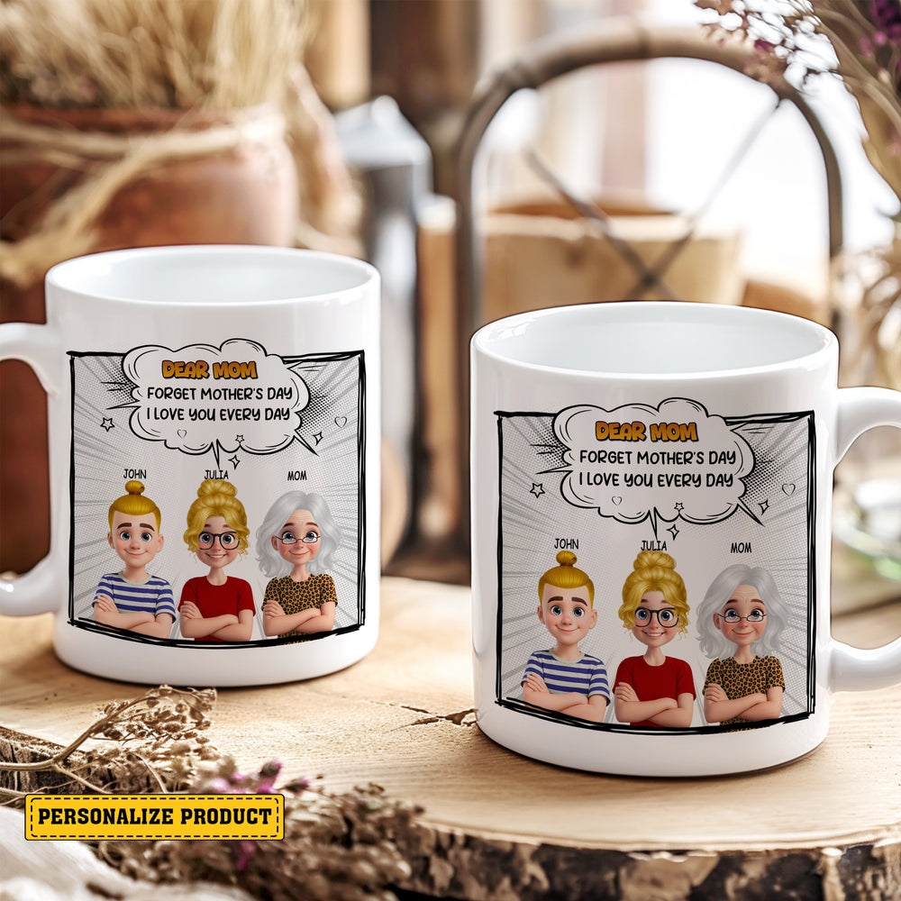 Two personalized ceramic mugs featuring a custom family comic book design with names and avatars on a rustic wooden table