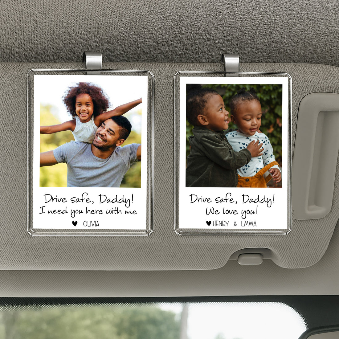Personalized “Drive Safe Daddy” Visor Photo Clip – Custom Father’s Day Gift from Kids – Acrylic Car Accessory with Message from Children

