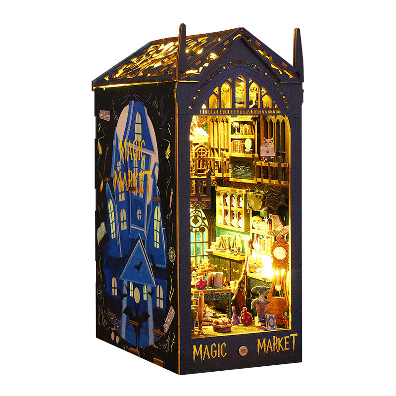 Enchanted Book Market Wizard shop Book Nook Kit – DIY Miniature Bookshelf Insert with Wooden Furniture