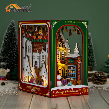Enchanted Winter Book Nook – DIY Christmas Village Bookshelf Insert with Lights, Miniature Holiday Scene Kit