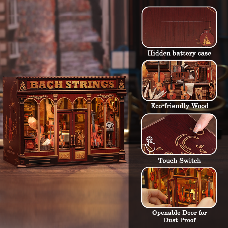 Bach Strings Music Book Nook – DIY Miniature Kit, 3D Wooden Bookshelf Insert & LED Lights, Classical Music Room Decor