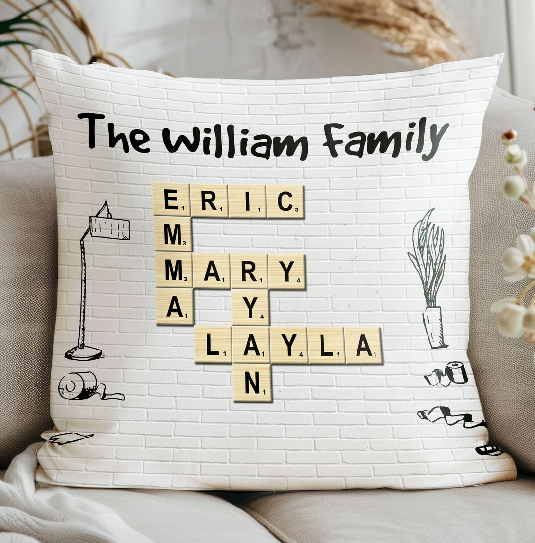 Family Cartoon Crossword Scrabble Custom Name - Personalized Pillow, Gift For Mom, Gift For Grandma, Gift for Granddaughter