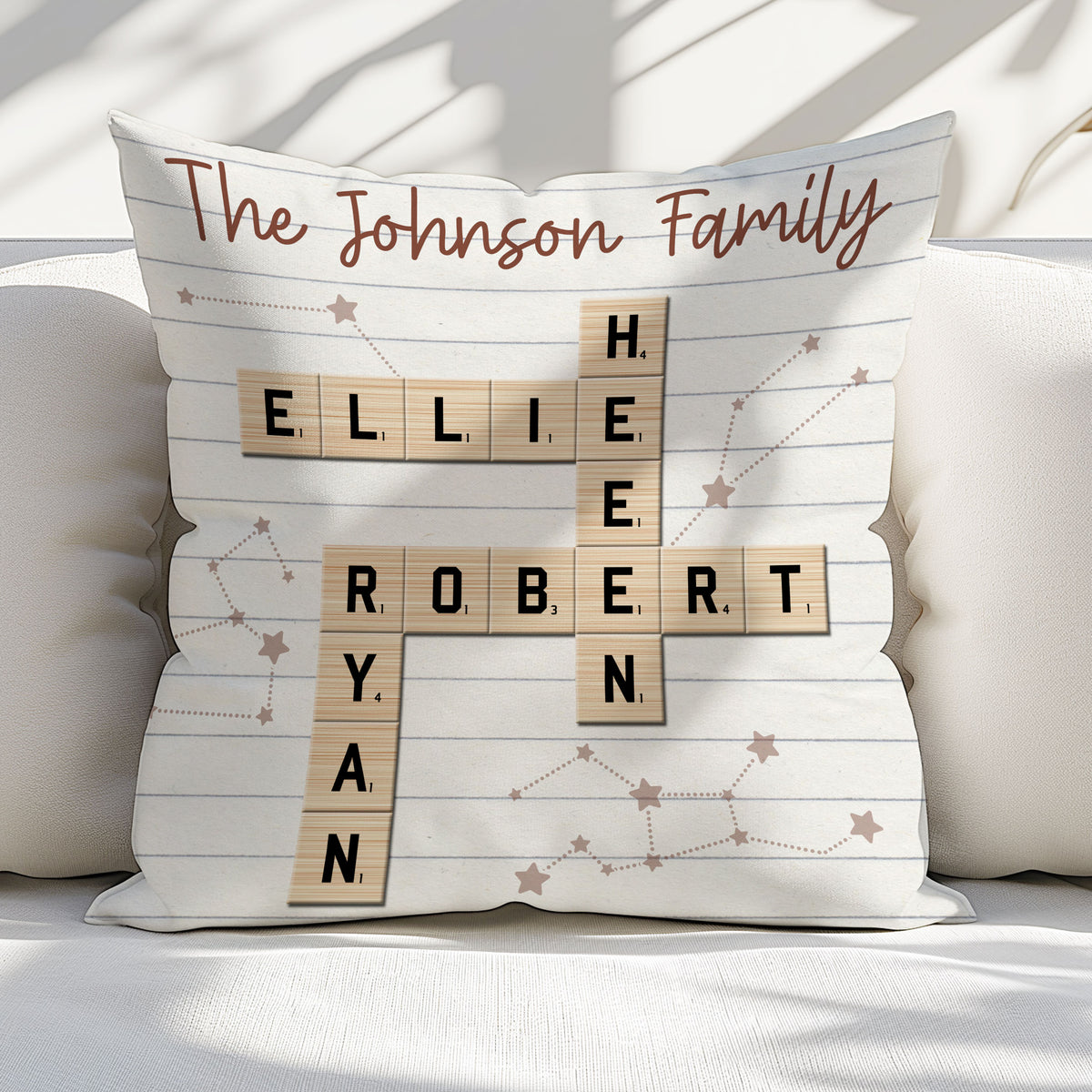 Family Name Puzzle Art Pillow with Names, Initials, and Custom Message for Housewarming Gift