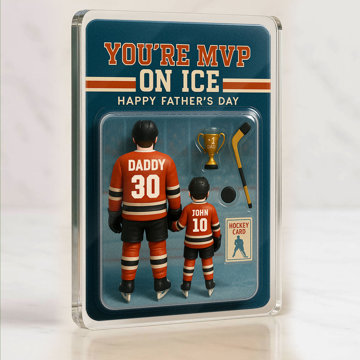 Father’s Day Personalized Hockey Plaque – 3D Acrylic Gift for Dad and Son with Custom Names and Uniforms

