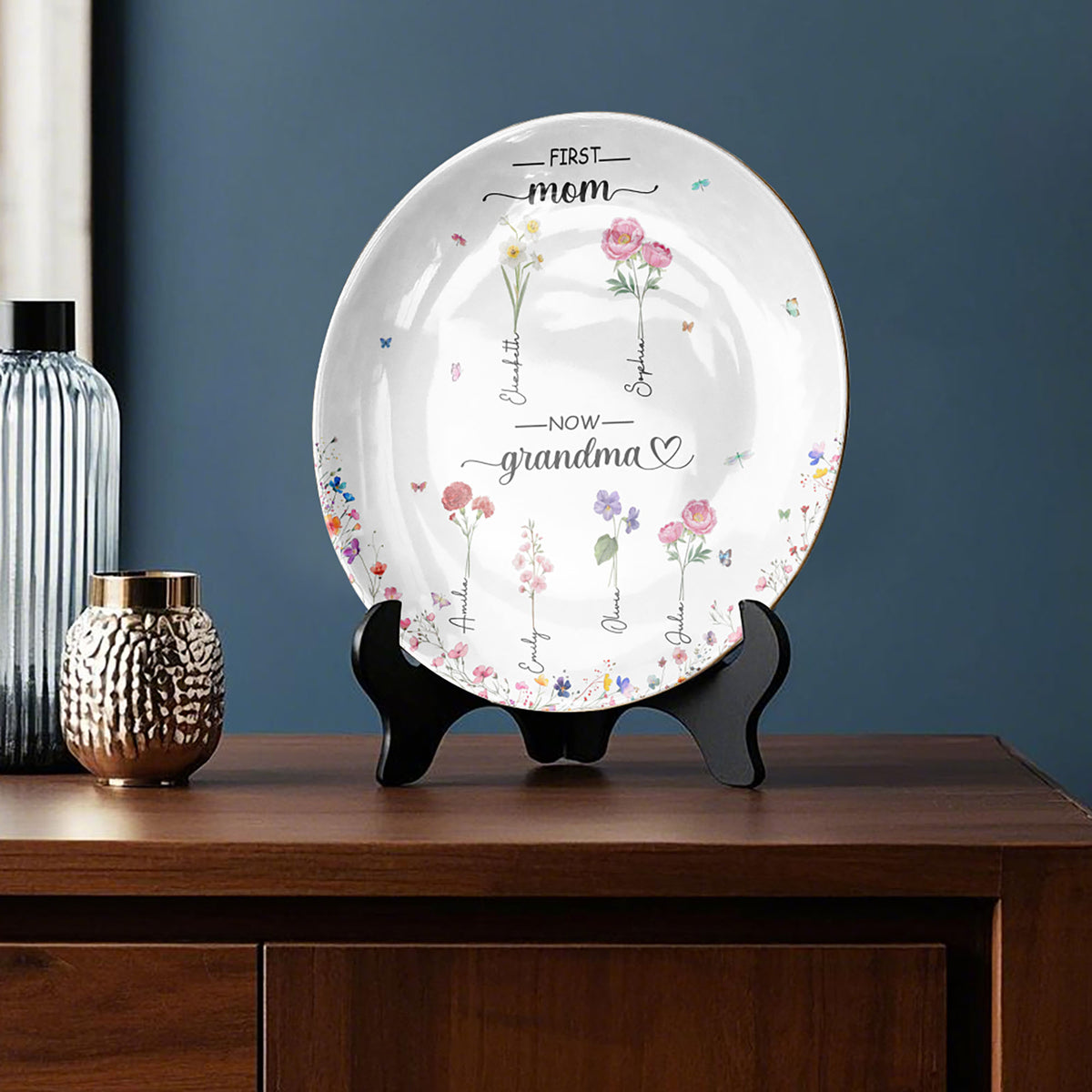 First Mom Now Grandma Custom Grandchild's Name With Birth Flower Ceramic Plate, Gift For Mom, Gift For Grandma