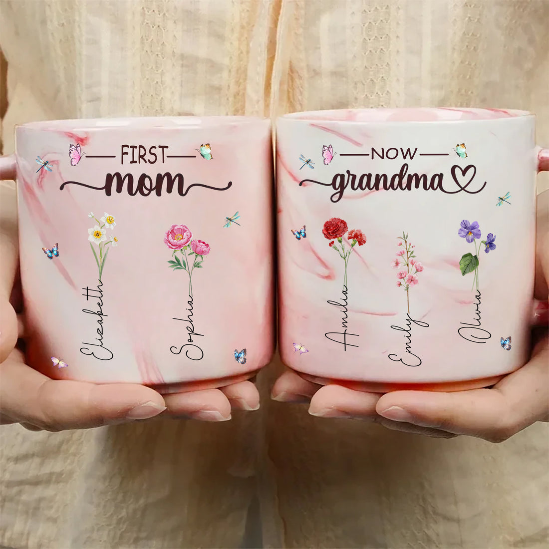 First Mom Now Grandma Custom Grandchild's Name With Birth Flower Marble Mug, Gift For Mom, Gift For Grandma