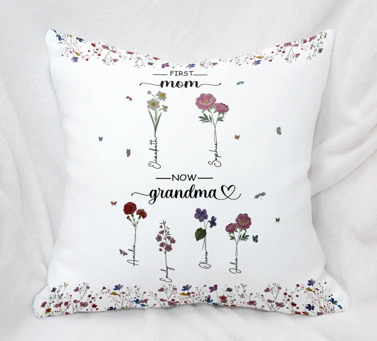 First Mom Now Grandma Custom Grandchild's Name With Birth Flower Pillow, Gift For Mom