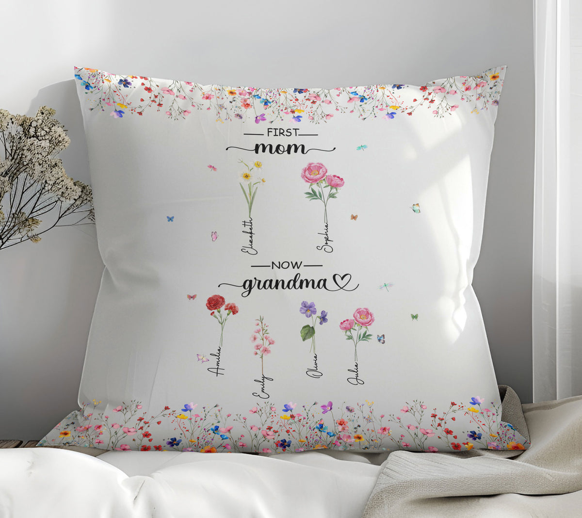 First Mom Now Grandma Custom Grandchild's Name With Birth Flower Pillow, Gift For Mom, Gift For Grandma, Birthday Gift