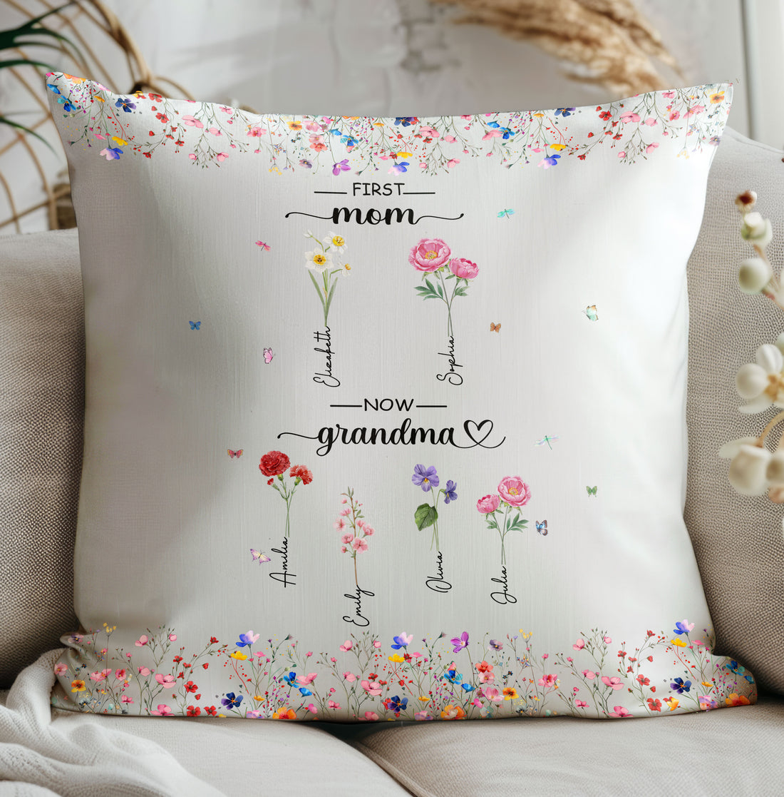 First Mom Now Grandma Custom Grandchild's Name With Birth Flower Pillow, Gift For Mom, Gift For Grandma, Birthday Gift, Mother's Day Gift